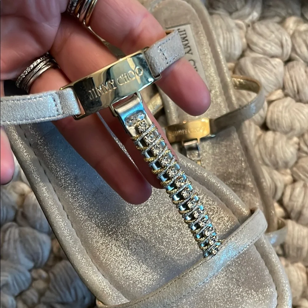 Jimmy Choo Cream and Gold Sandals with Rhinestone Embellishments - Picture 2 of 3